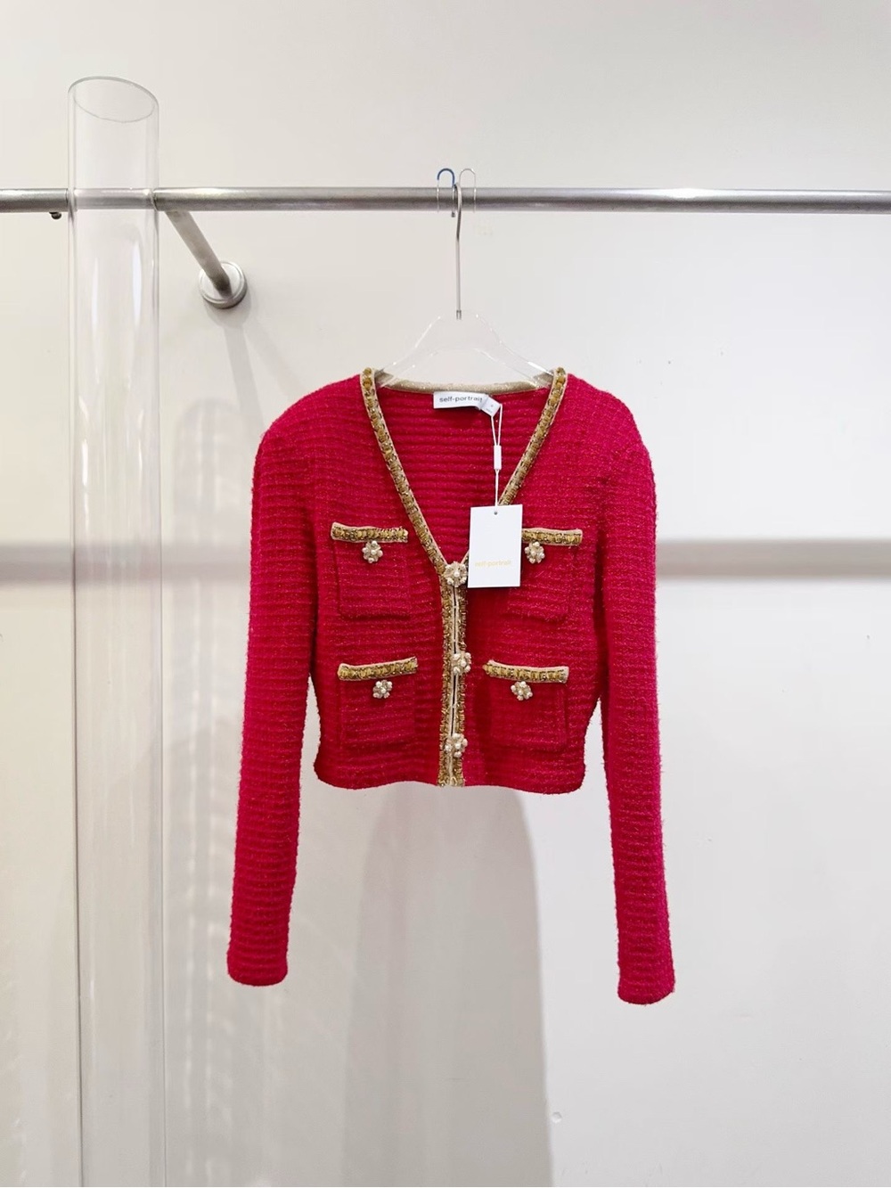 Self-Portrait Red Tweed Cropped Jacket with Gold Trim